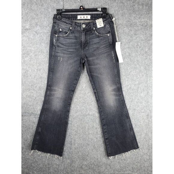 AMO Kick Crop Jeans Women's 24 (27 x 26) Bootcut Crop Raw Hem Black Faded NWT - Picture 1 of 9